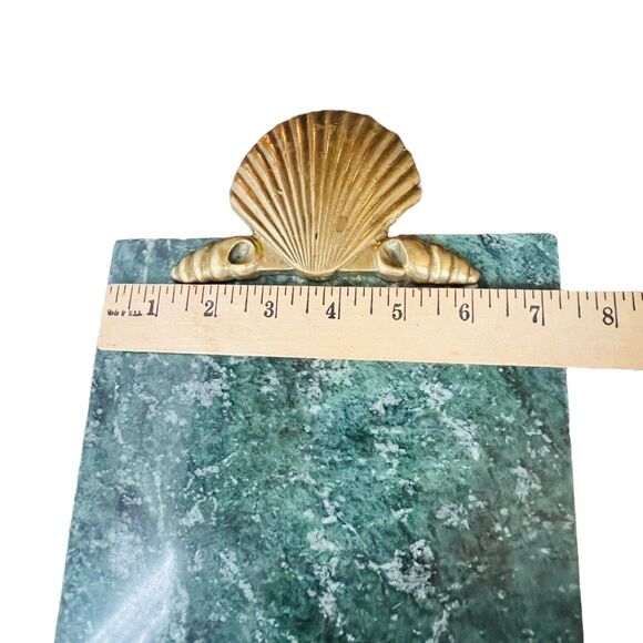 Vintage Green Marble Stone Cheese Charcuterie Board Brass Shell Handle Regency - Picture 10 of 11